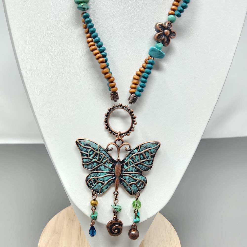 Boho Turquoise Butterfly Pendant Necklace Earthy Western Beaded Copper Hippie